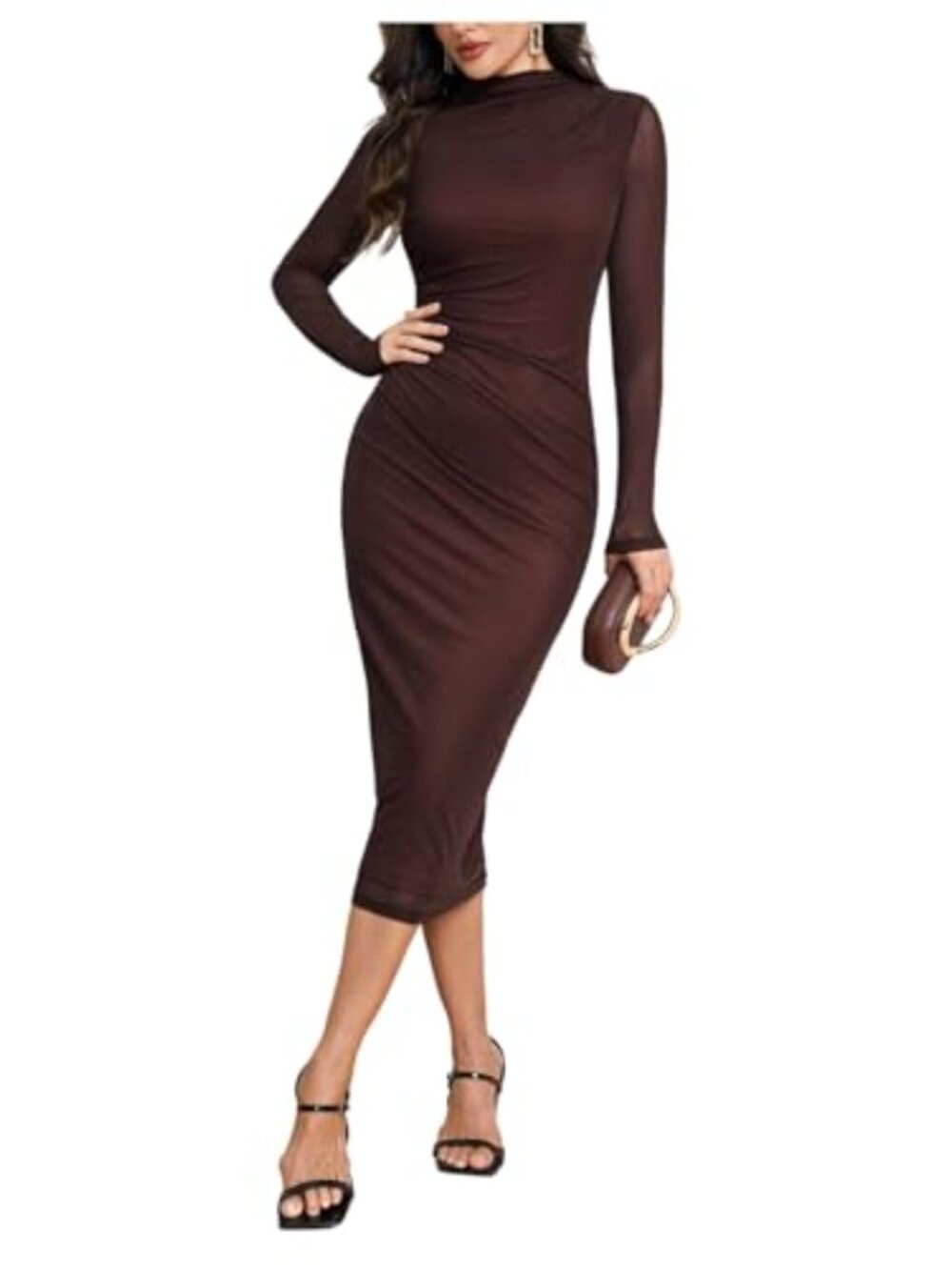 Sheer Mesh Mock Neck Long Sleeve Ruched Bodycon Midi Dress Wedding Guest